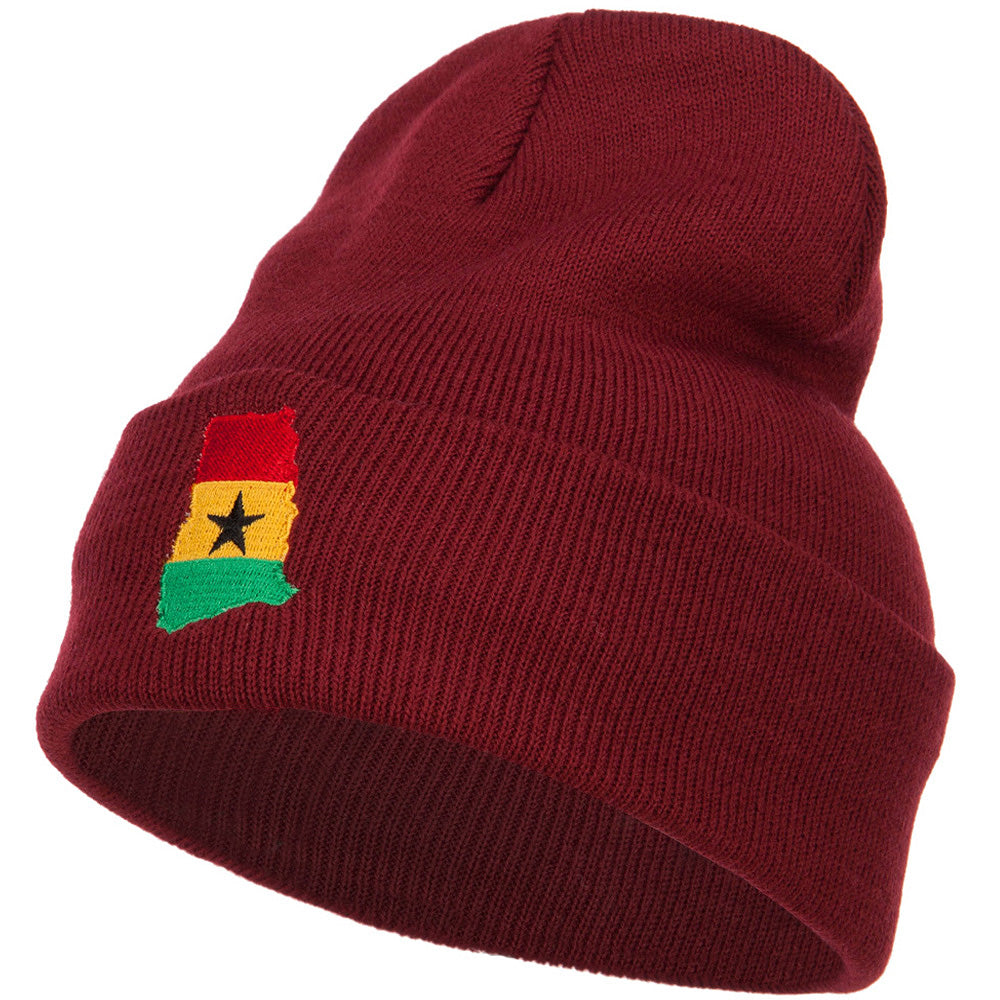 Ghana Flag Map Embroidered Long Beanie - Maroon OSFM