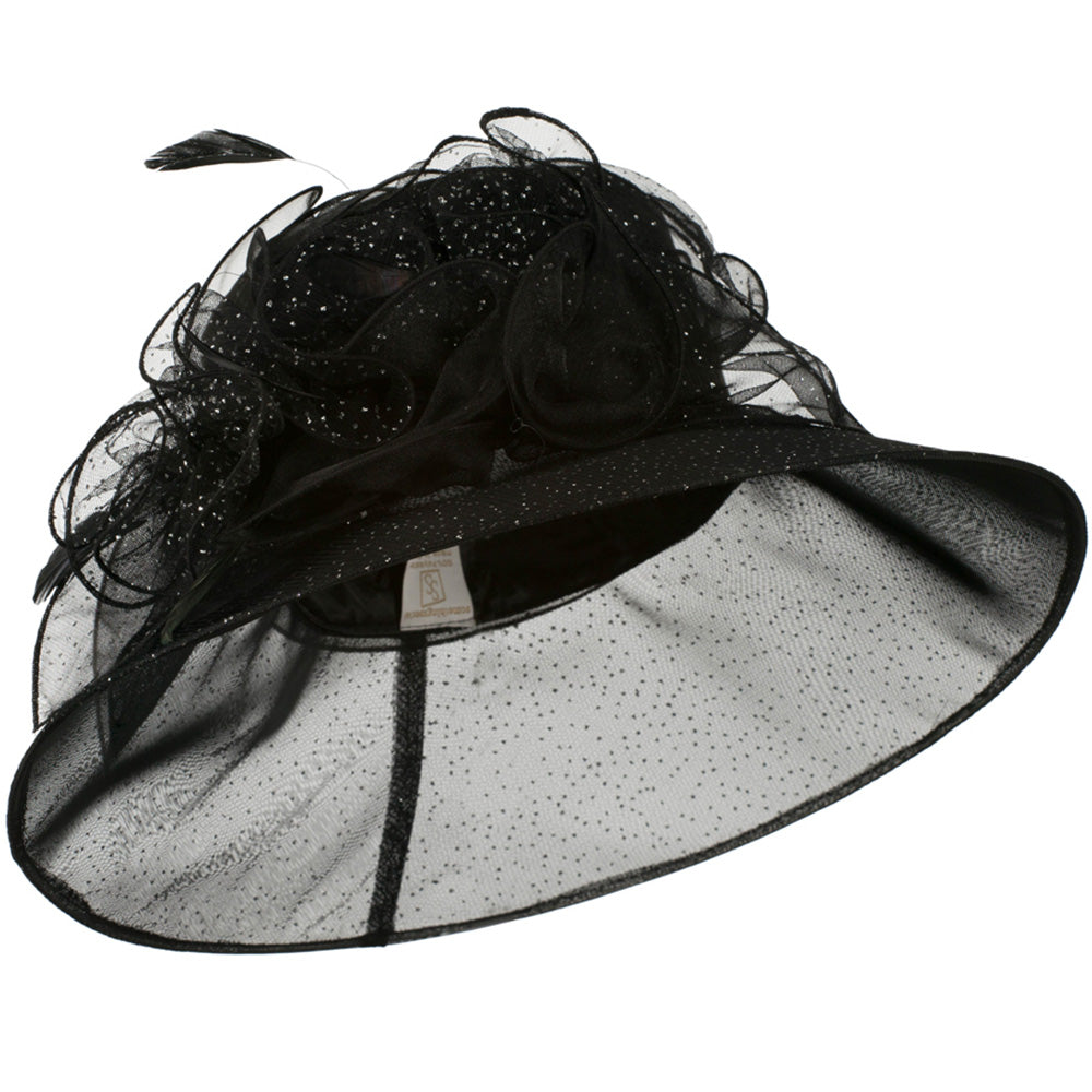 Glitter Bow Accent Organza Hat - Black OSFM