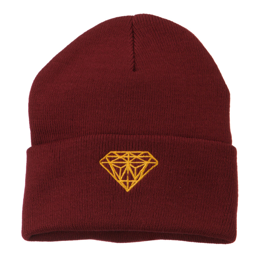 Gold Diamond Embroidered Long Cuff Beanie - Maroon OSFM