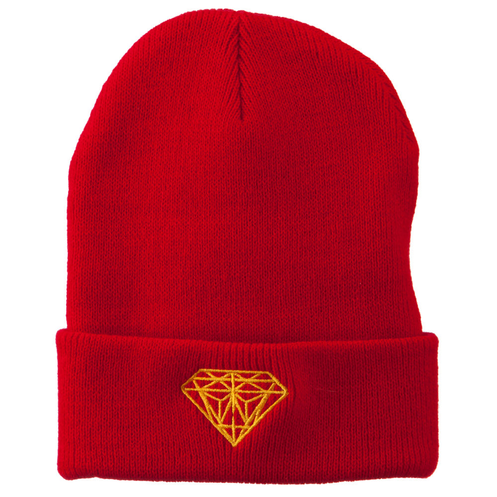 Gold Diamond Embroidered Long Cuff Beanie - Red OSFM