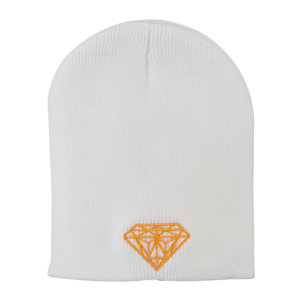 Gold Diamond Embroidered Youth Short Beanie - White OSFM