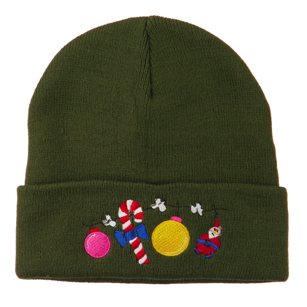 Christmas Garland Elf Candy Embroidered Beanie - Olive OSFM