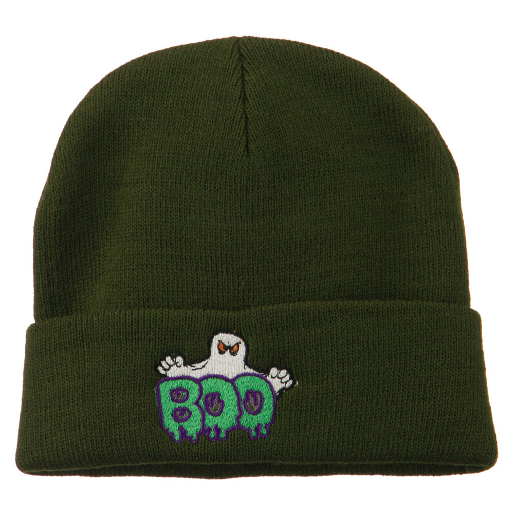 Halloween Ghost Boo Embroidered Long Beanie - Olive OSFM