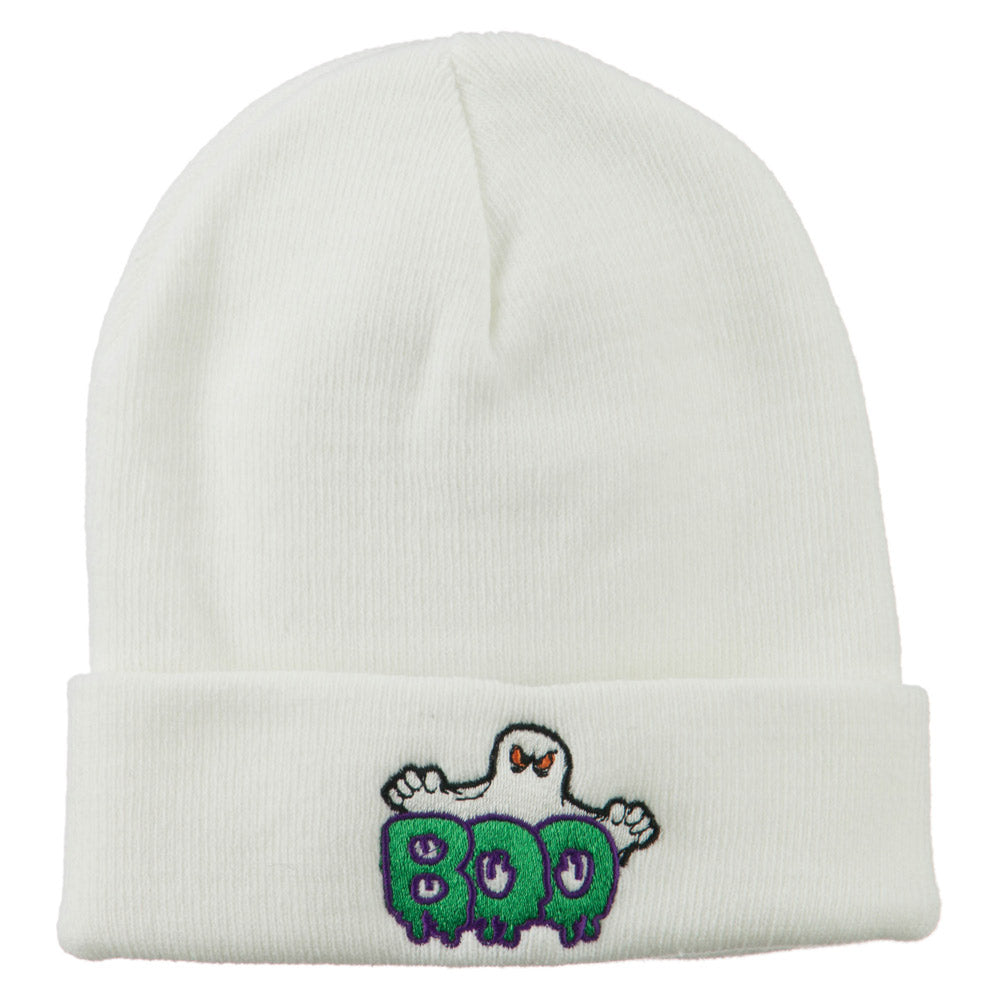 Halloween Ghost Boo Embroidered Long Beanie - White OSFM