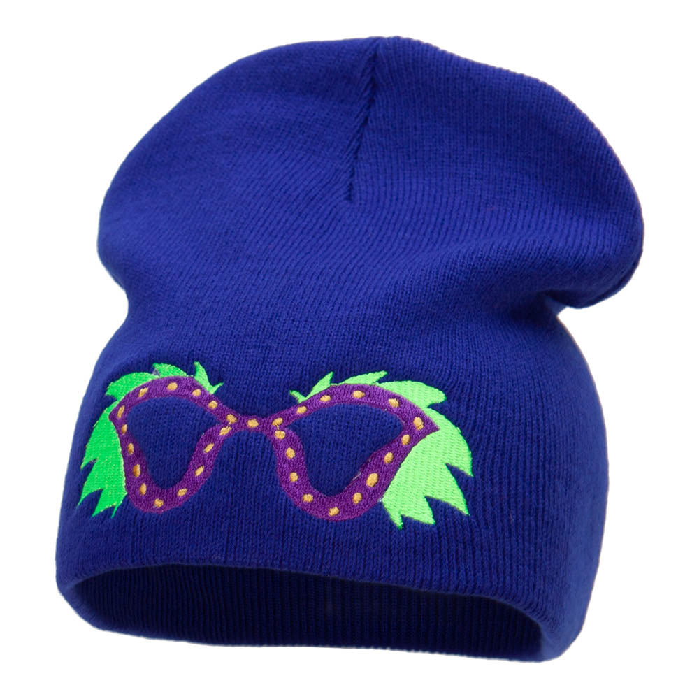 Mardi Gras Glasses with Plumes Embroidered Short Beanie - Royal OSFM