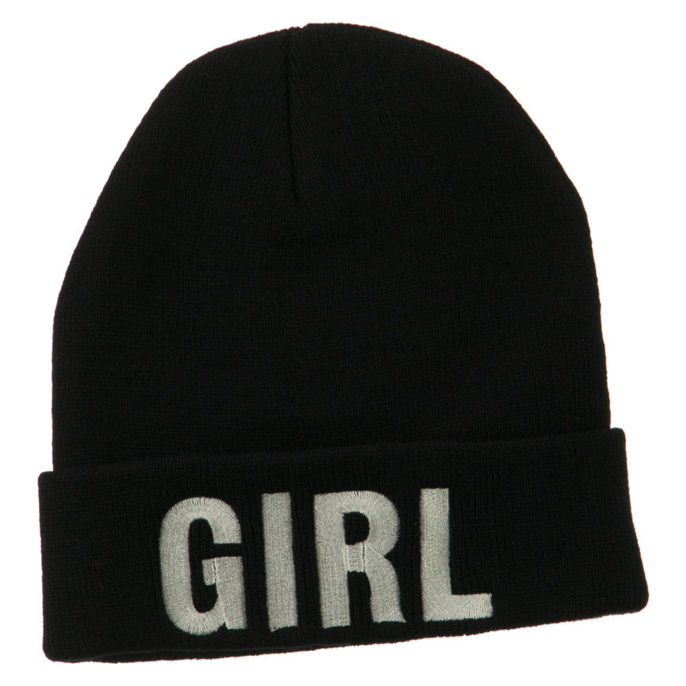 Girl Embroidered Cuff Long Beanie - Black OSFM