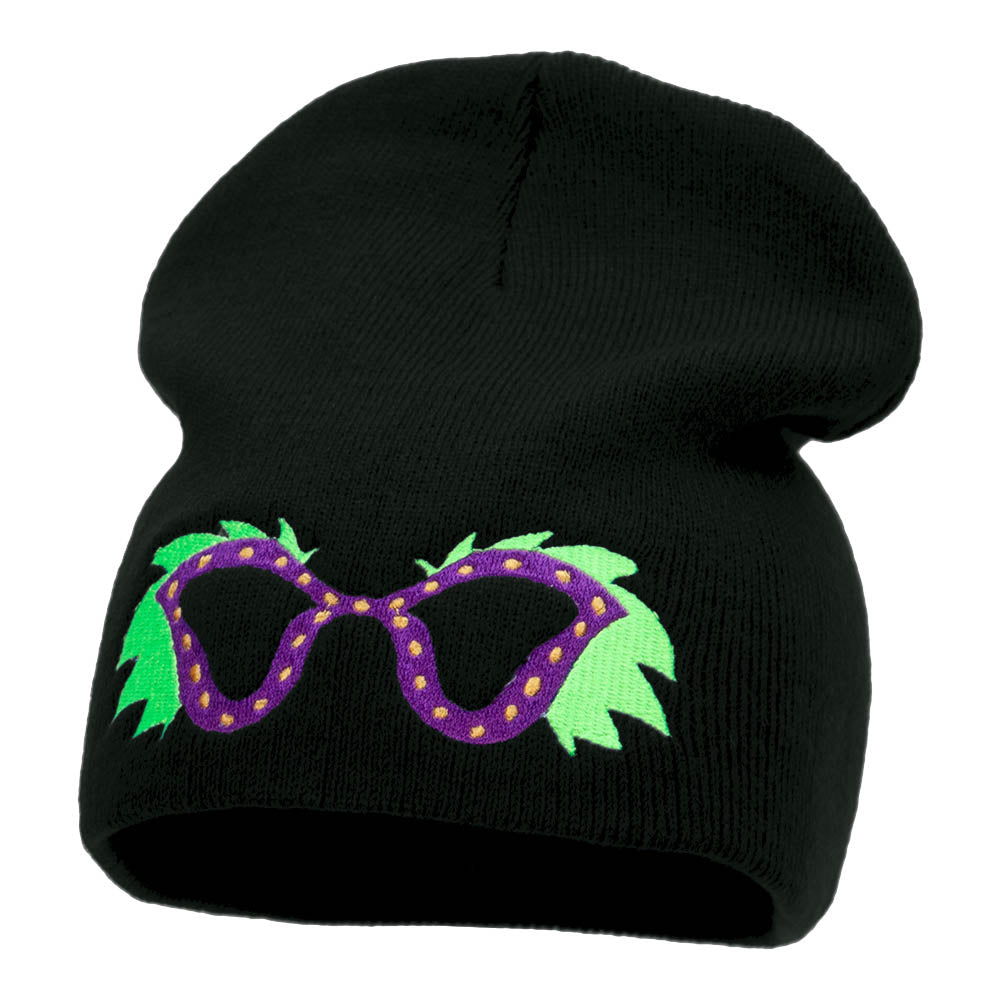 Mardi Gras Glasses with Plumes Embroidered Short Beanie - Black OSFM