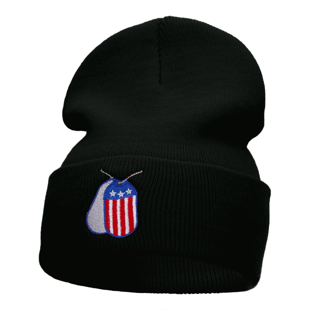 U.S. Dog Tags Embroidered Long Knitted Beanie - Black OSFM