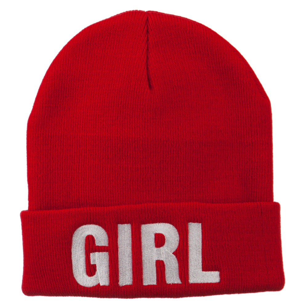 Girl Embroidered Cuff Long Beanie - Red OSFM