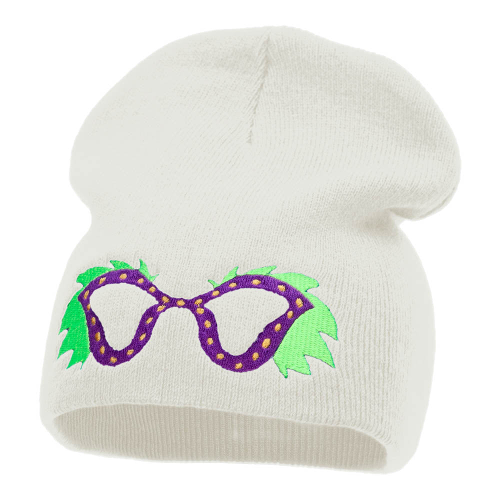 Mardi Gras Glasses with Plumes Embroidered Short Beanie - White OSFM