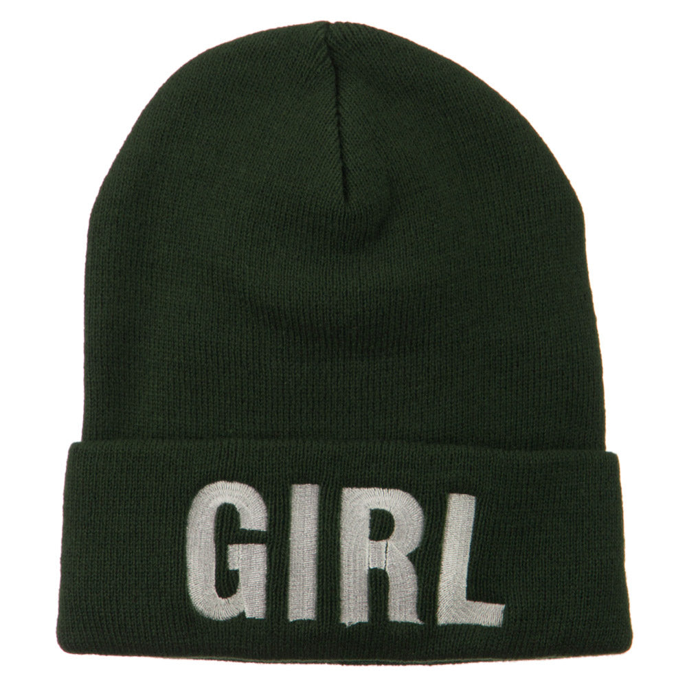 Girl Embroidered Cuff Long Beanie - Olive OSFM