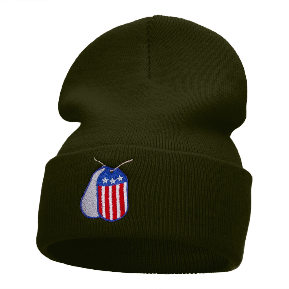 U.S. Dog Tags Embroidered Long Knitted Beanie - Olive OSFM