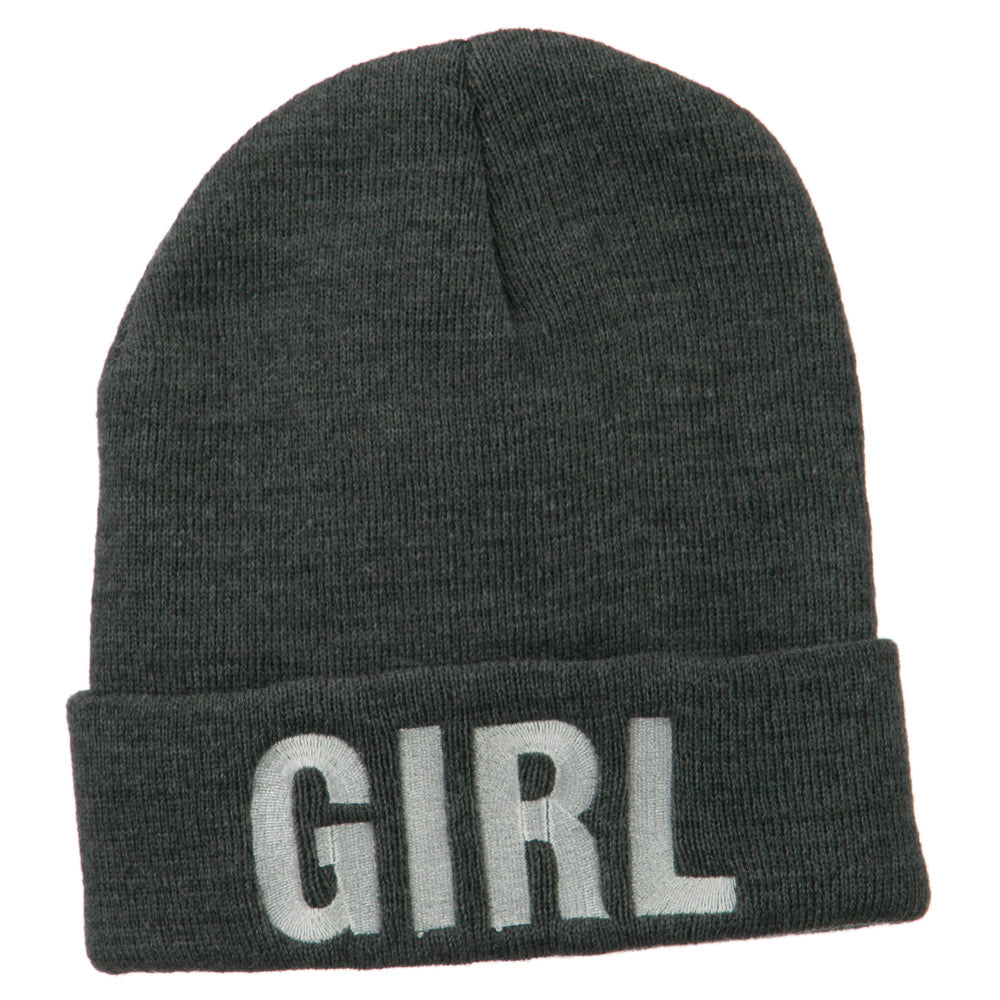 Girl Embroidered Cuff Long Beanie - Grey OSFM