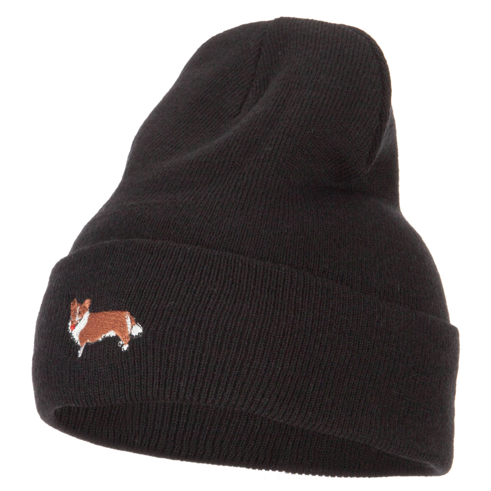 Corgi Dog Embroidered Long Beanie - Black OSFM