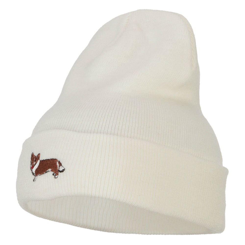 Corgi Dog Embroidered Long Beanie - White OSFM