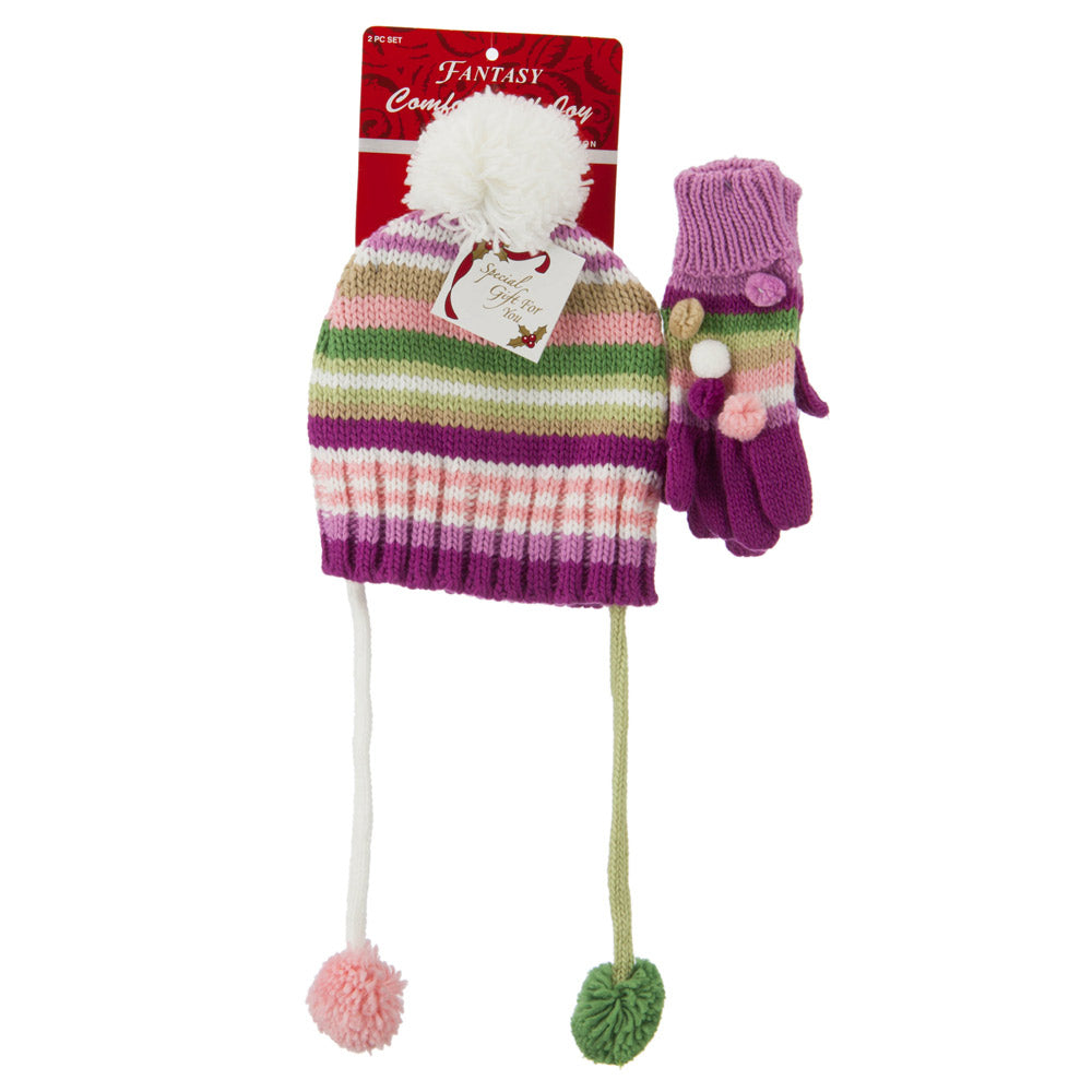 Girl&#039;s Hat and Glove Set with Pom Poms - Purple OSFM