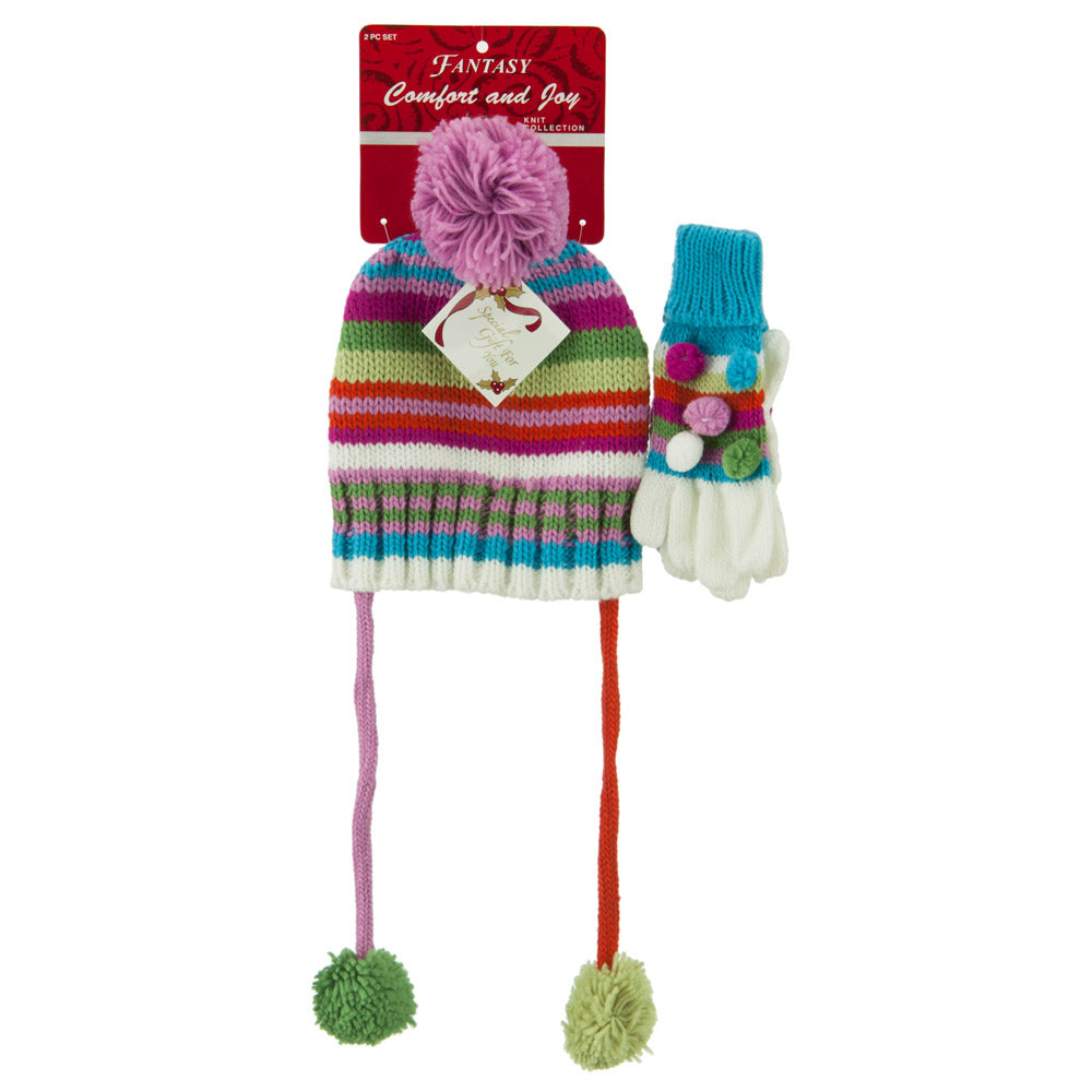 Girl&#039;s Hat and Glove Set with Pom Poms - Green OSFM