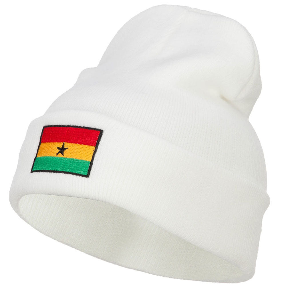 Ghana Flag Embroidered Long Beanie - White OSFM