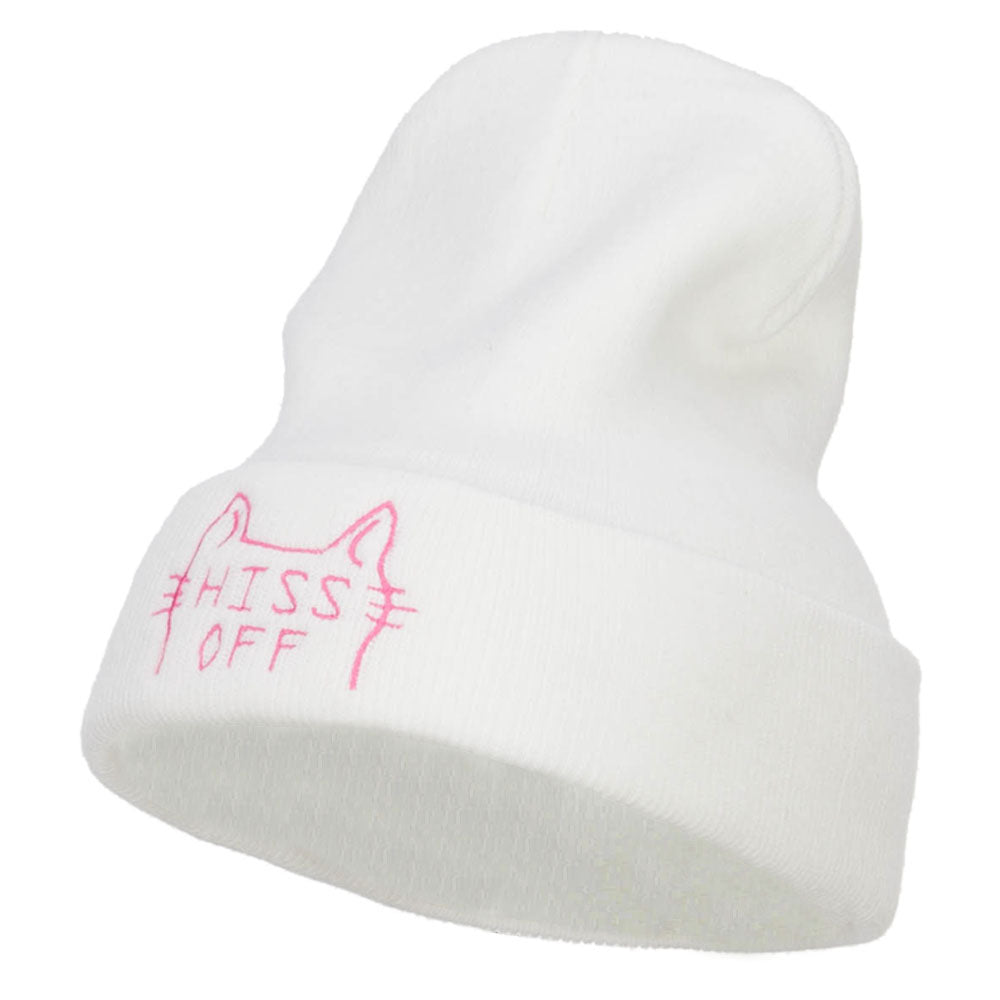 Halloween Hiss Off Embroidered Long Beanie - White OSFM