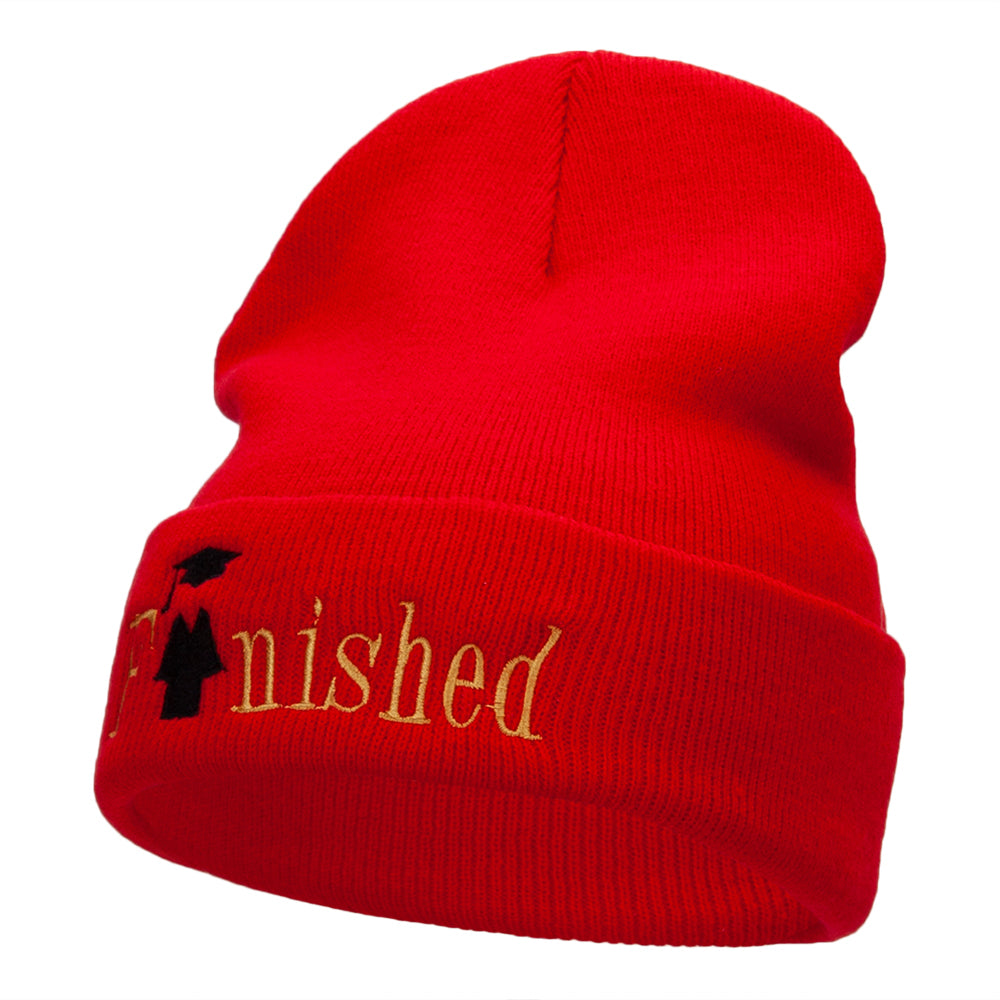 Finished Celebratory Phrase Embroidered Long Knitted Beanie - Red OSFM