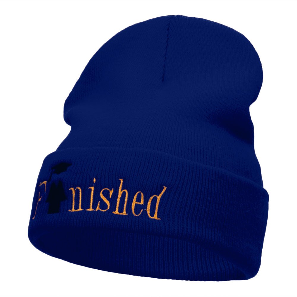 Finished Celebratory Phrase Embroidered Long Knitted Beanie - Royal OSFM