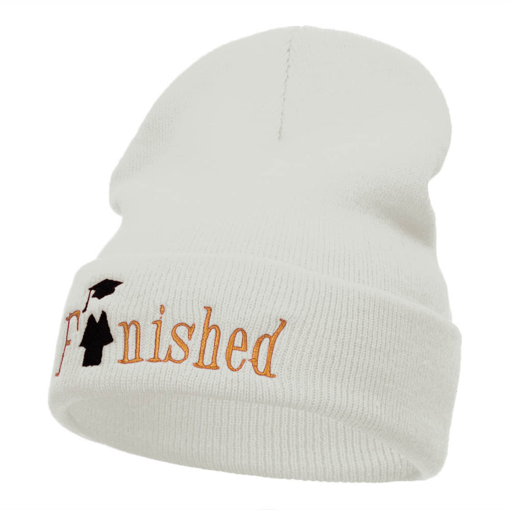 Finished Celebratory Phrase Embroidered Long Knitted Beanie - White OSFM