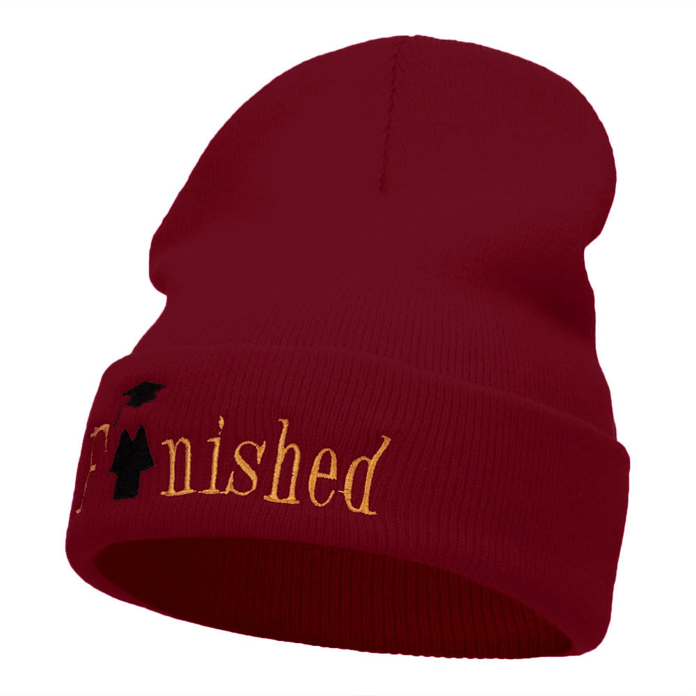 Finished Celebratory Phrase Embroidered Long Knitted Beanie - Maroon OSFM
