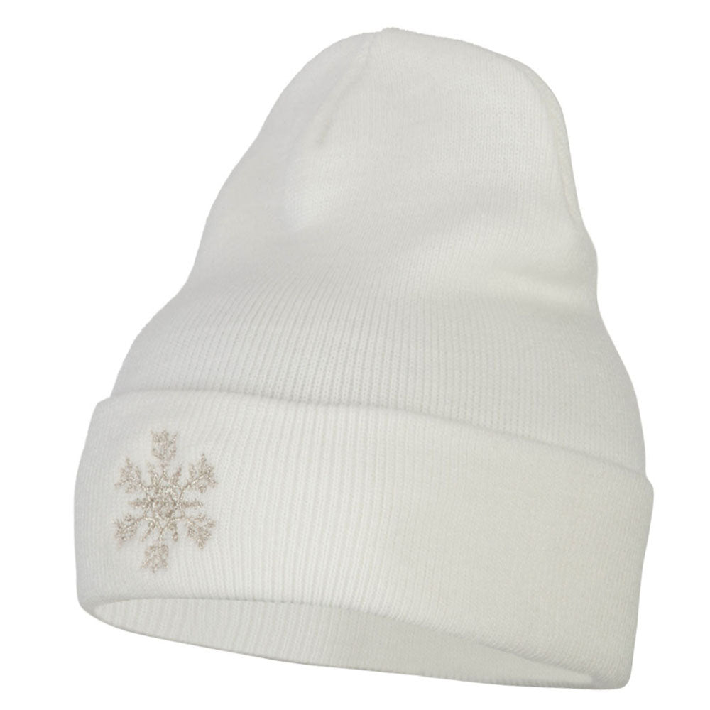 Glitter Snowflake Embroidered Knitted Long Beanie - White OSFM