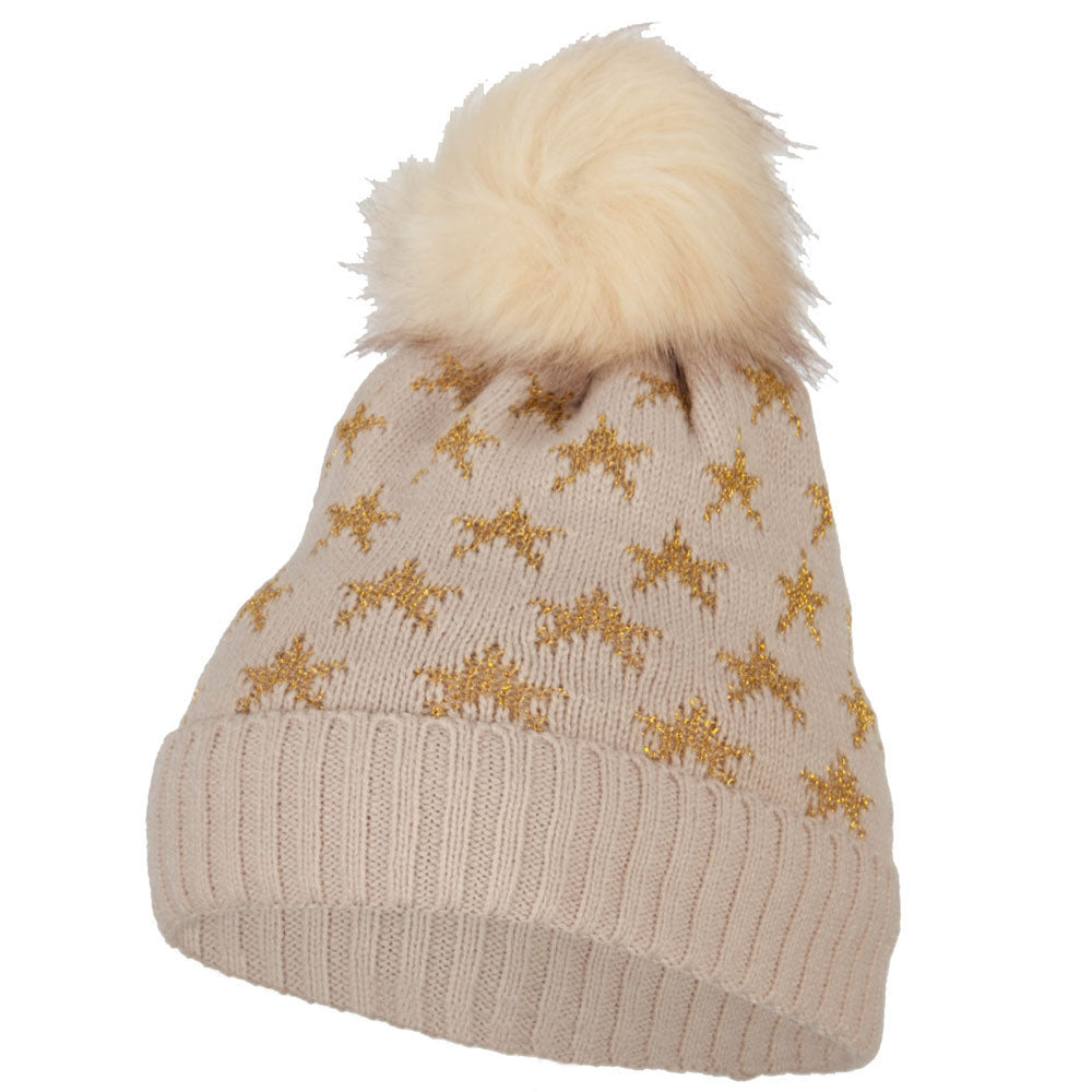 Gold Lurex Stars Pom Cuff Long Beanie - Taupe OSFM