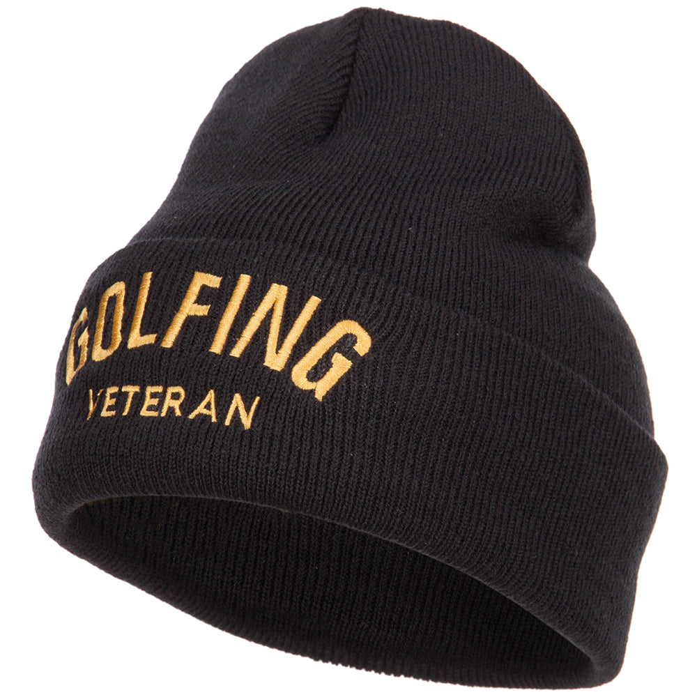 Golfing Veteran Embroidered Long Beanie - Black OSFM