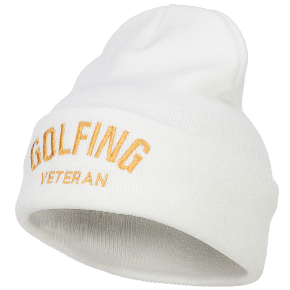 Golfing Veteran Embroidered Long Beanie - White OSFM