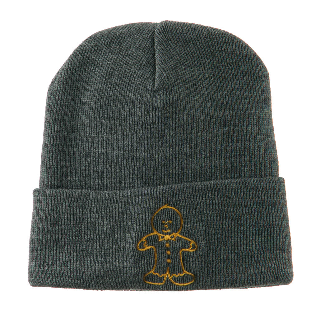 Gingerbread Man Embroidered Long Beanie - Grey OSFM