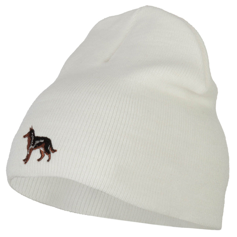 German Shepard Dog Embroidered Knitted Short Beanie - White OSFM
