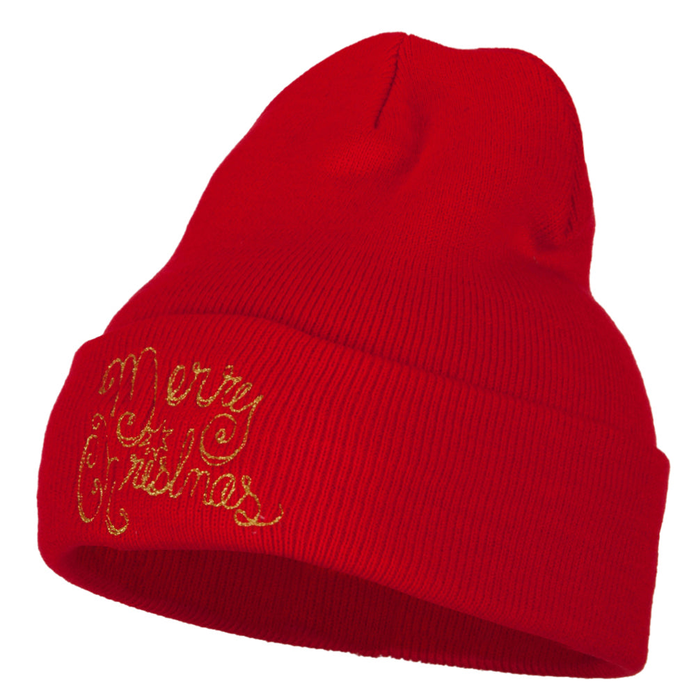 Glitter Merry Christmas Embroidered Long Knitted Beanie - Red OSFM