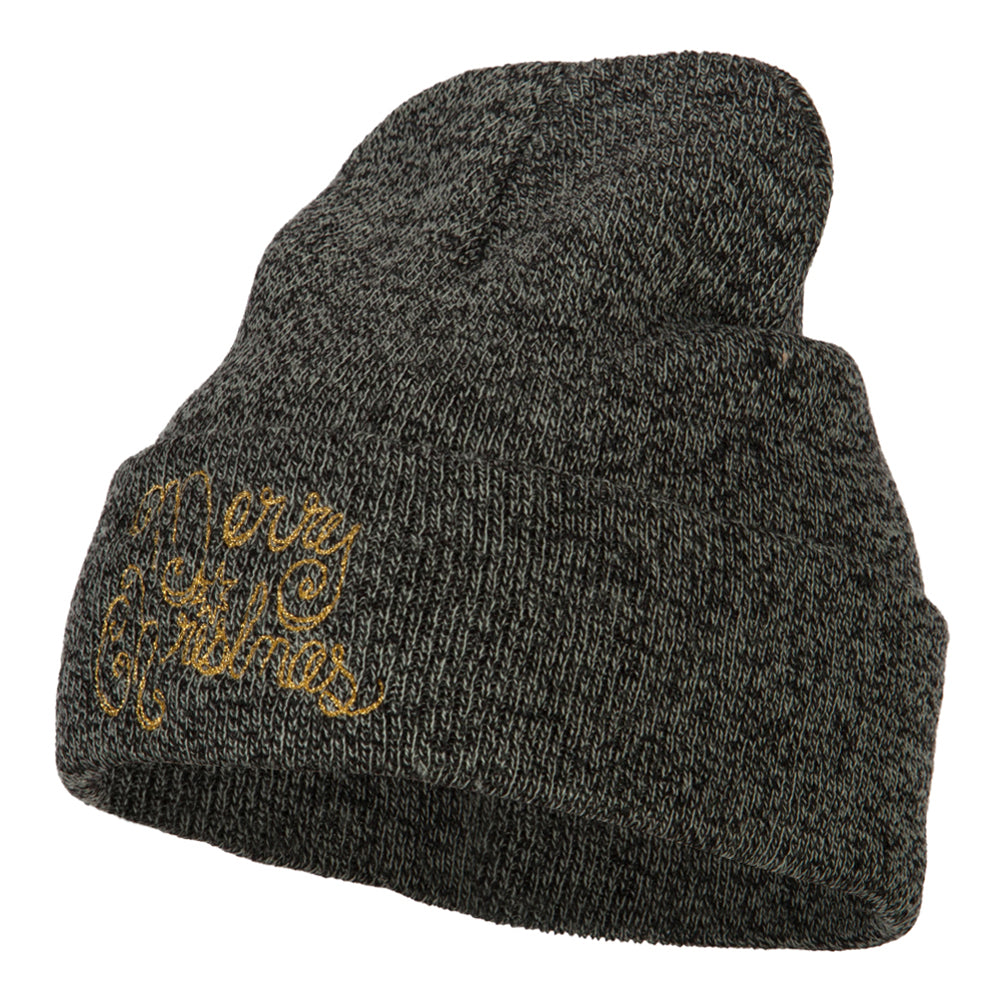 Glitter Merry Christmas Embroidered Long Knitted Beanie - Black Marled OSFM