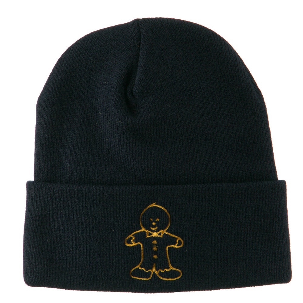 Gingerbread Man Embroidered Long Beanie - Navy OSFM