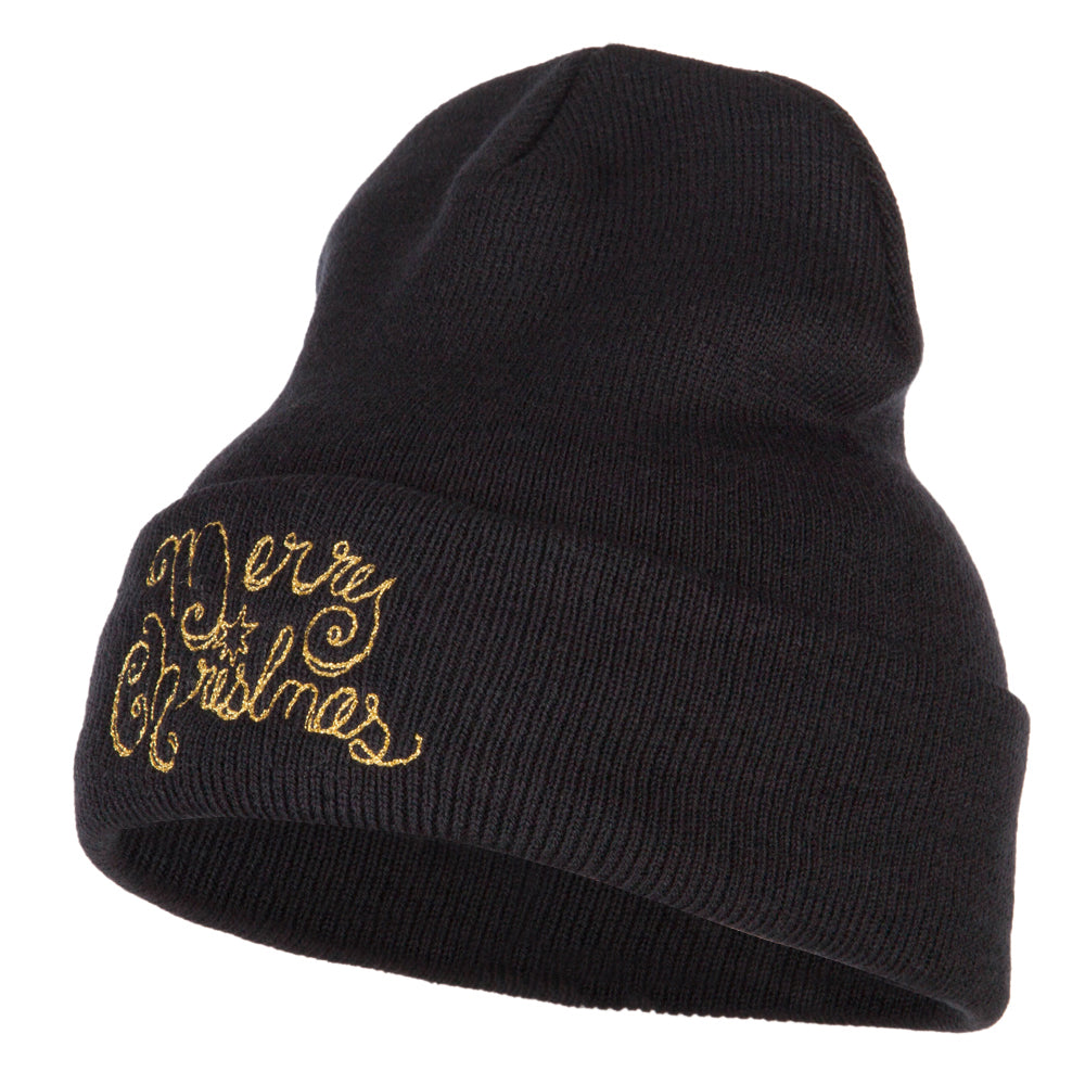 Glitter Merry Christmas Embroidered Long Knitted Beanie - Navy OSFM