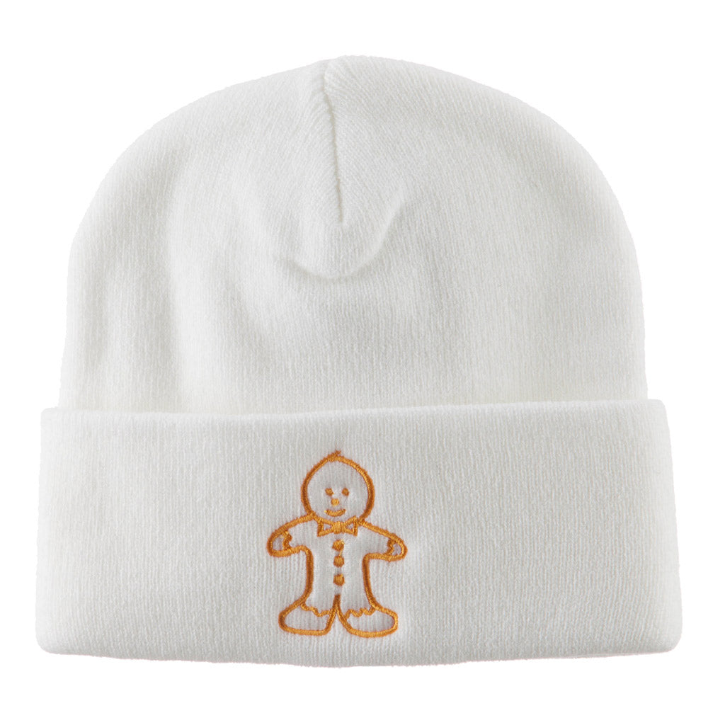 Gingerbread Man Embroidered Long Beanie - White OSFM