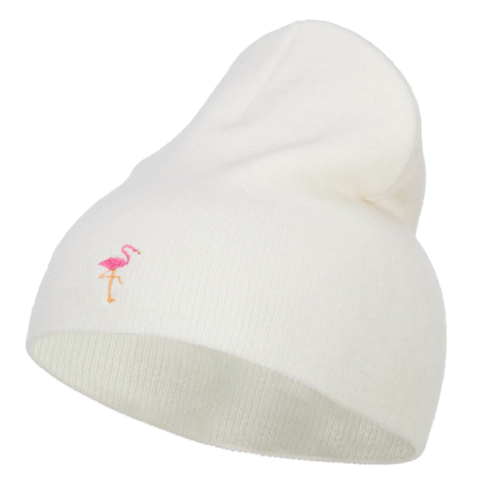 Mini Flamingo Embroidered Short Beanie - White OSFM