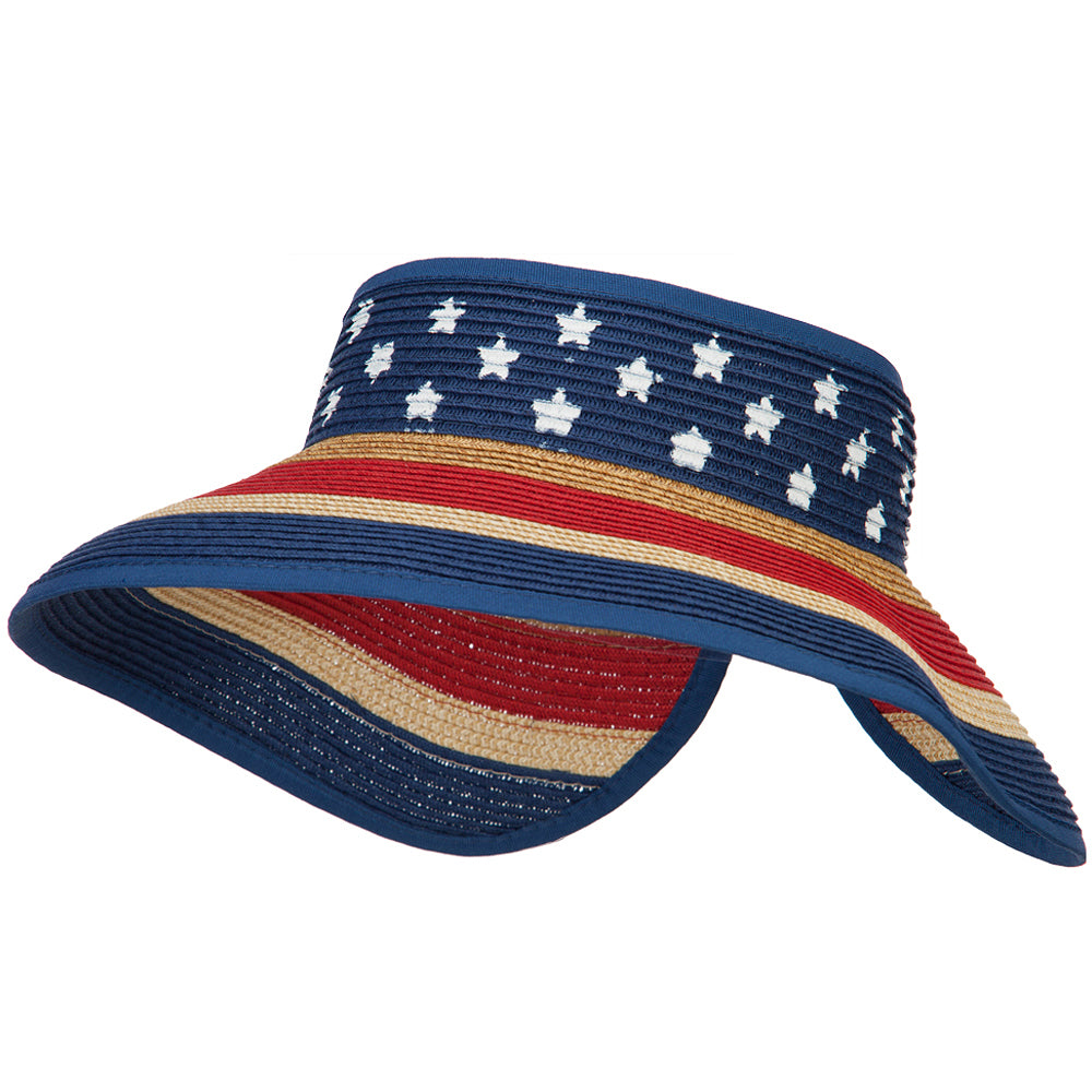 Girl&#039;s Paper Braid Rolled 3.5 Inch Brim Visor - American Flag OSFM