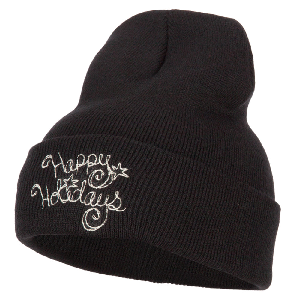 Glitter Happy Holiday Embroidered Long Knitted Beanie - Black OSFM