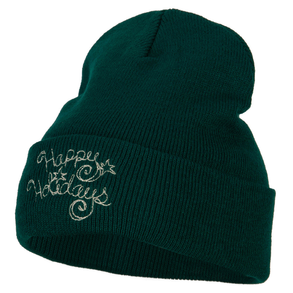 Glitter Happy Holiday Embroidered Long Knitted Beanie - Dk Green OSFM
