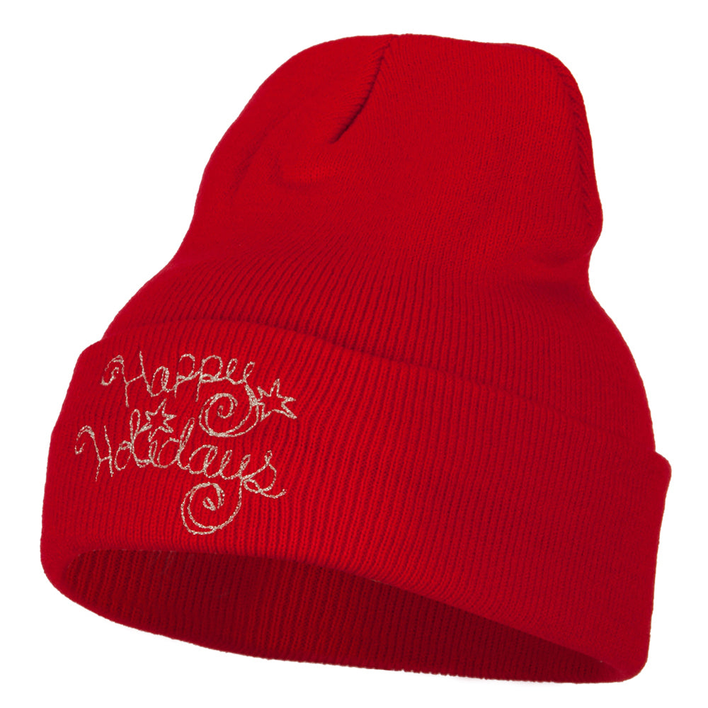 Glitter Happy Holiday Embroidered Long Knitted Beanie - Red OSFM