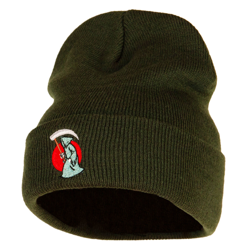 Halloween Grim Reaper Embroidered Long Knitted Beanie - Olive OSFM
