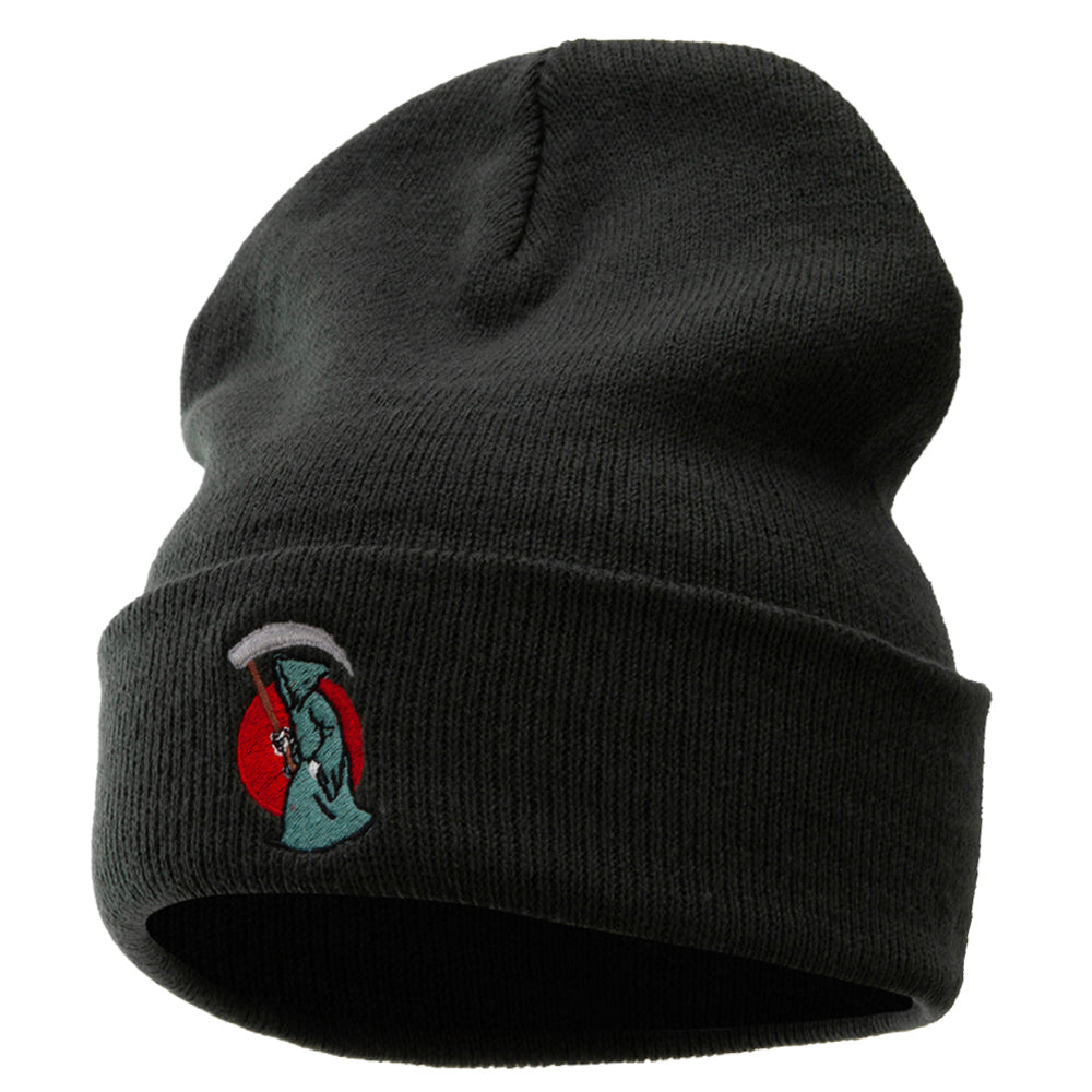 Halloween Grim Reaper Embroidered Long Knitted Beanie - Black OSFM