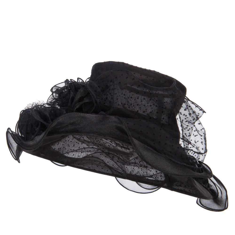 Polka Dot 3 Flowers Organza Hat - Black OSFM