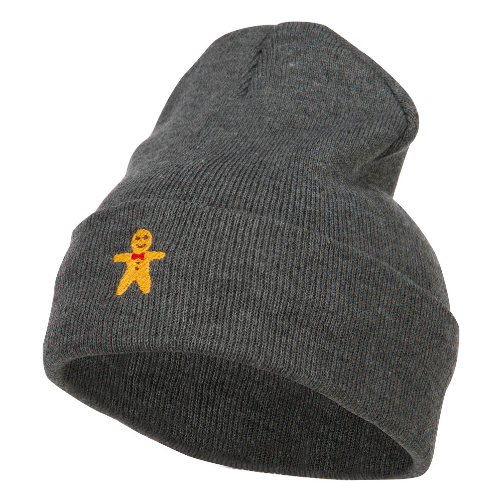 Gingerbread Man Embroidered Long Knitted Beanie - Dk Grey OSFM