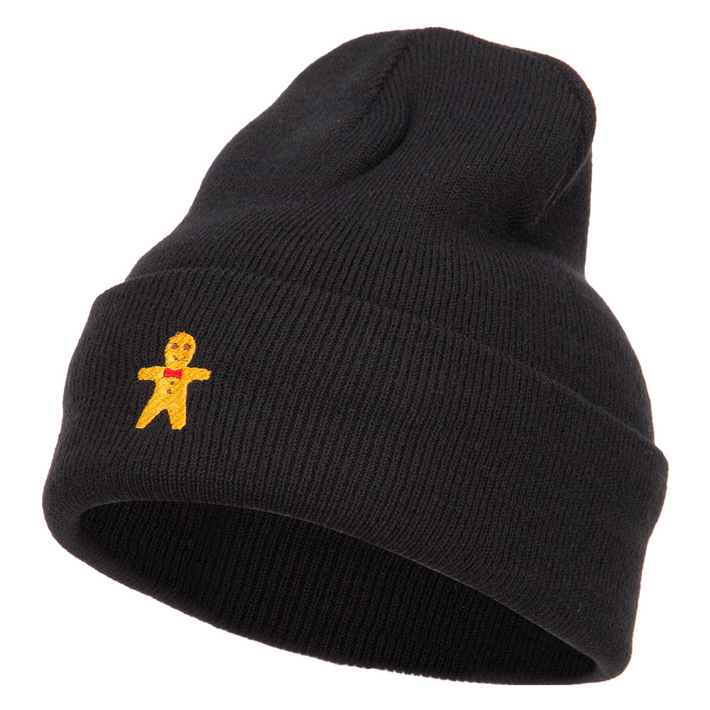 Gingerbread Man Embroidered Long Knitted Beanie - Black OSFM