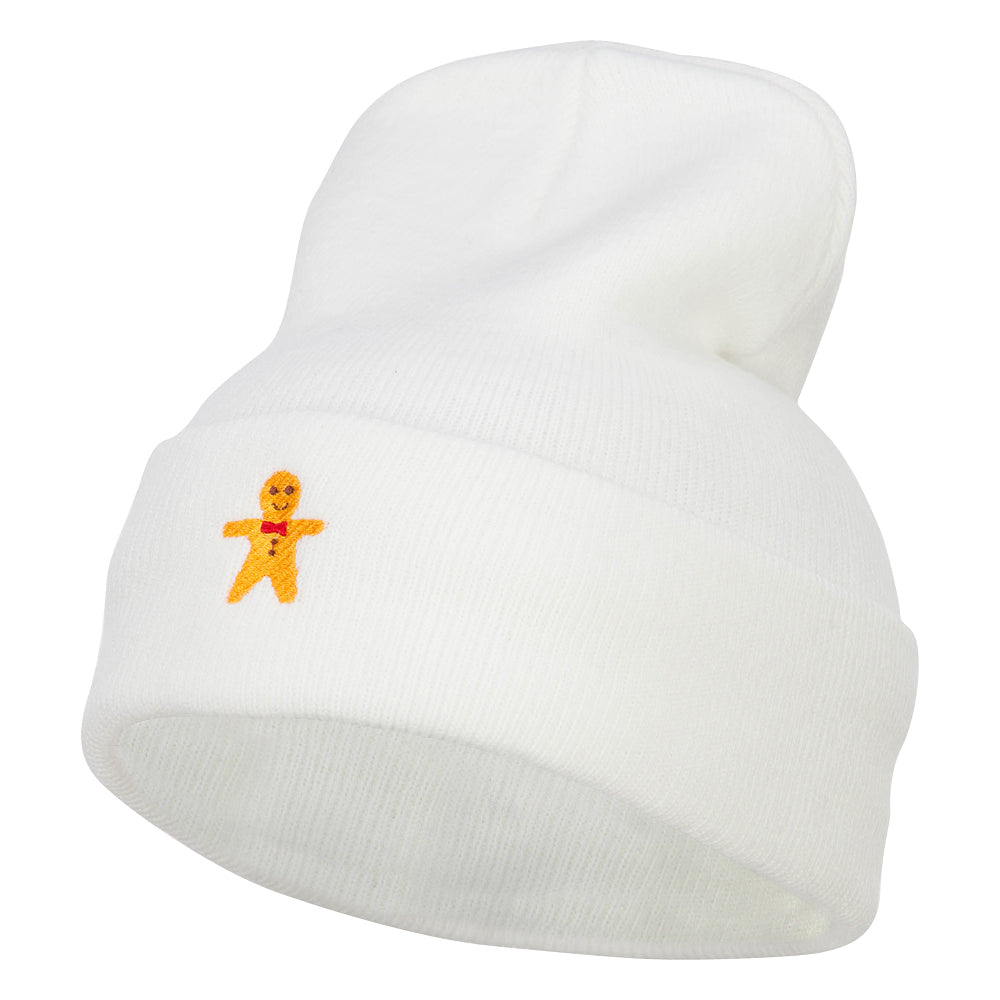 Gingerbread Man Embroidered Long Knitted Beanie - White OSFM