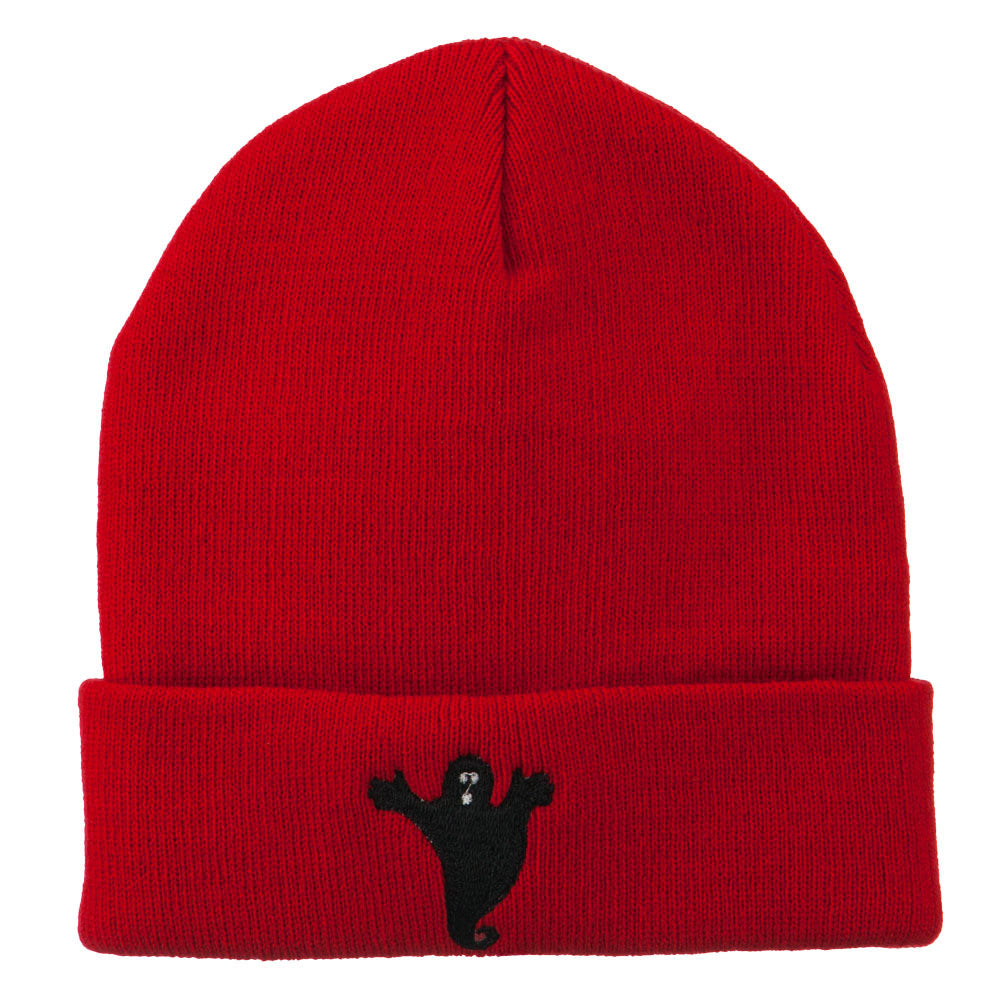 Halloween Spooky Ghost Embroidered Long Beanie - Red OSFM